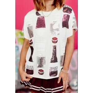Queen Of Sparkles Sequin Football Tailgate Tee Shirt Red Silver Size XS